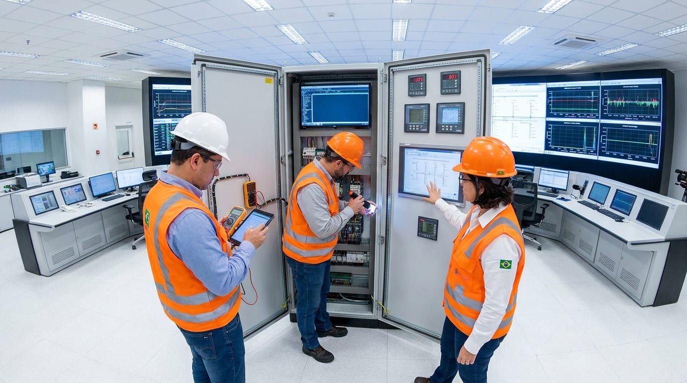 Equipe R&A Engenharia trabalhando em painel elétrico industrial
