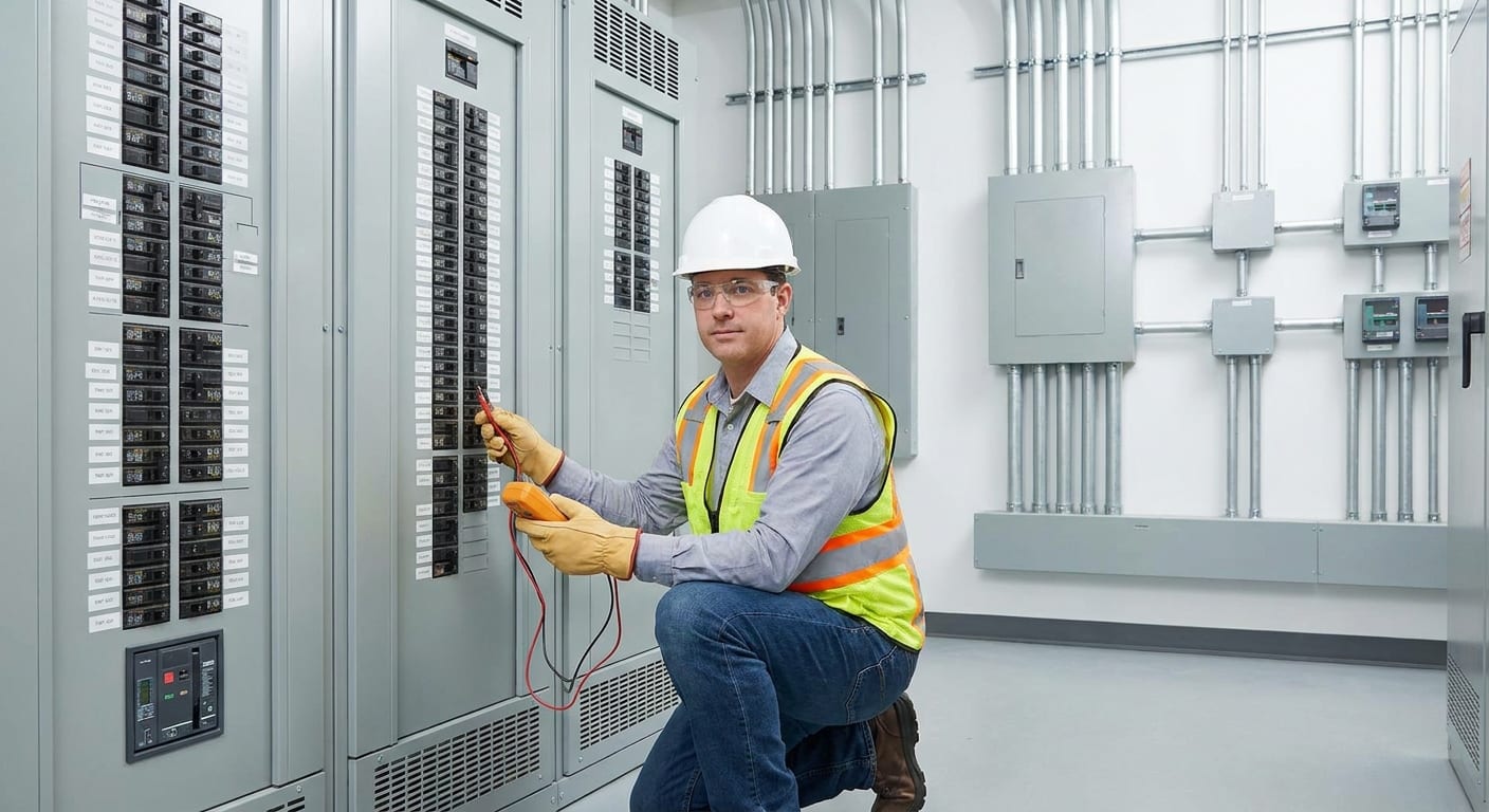 Engenheiro inspecionando painel elétrico predial