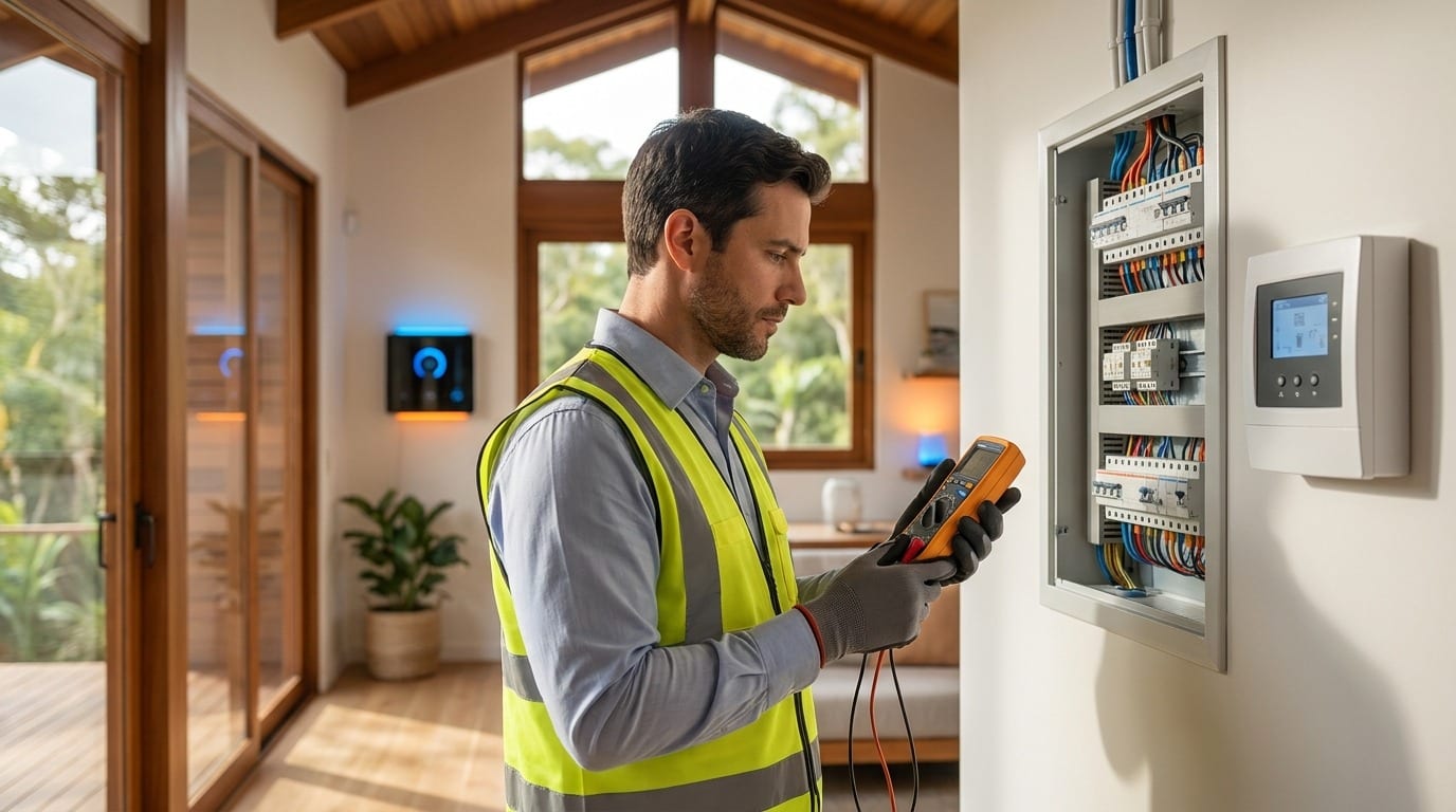 Técnico inspecionando quadro elétrico residencial em uma casa moderna